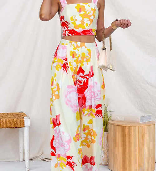 Floral Print Sleeveless Crop Top and Wide Leg Pants Set