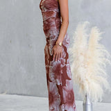 Spaghetti Strap Floral Print Mesh Overlay Maxi Dress