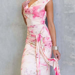Cowl Neck Criss Cross Backless Floral Print Knot Waist Maxi Dress