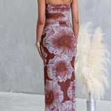 Spaghetti Strap Floral Print Mesh Overlay Maxi Dress