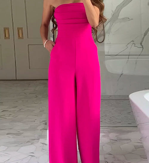 Strapless Ruched Tube Pocketed Wide Leg Jumpsuit