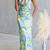 Halter Cowl Neck Open Back Floral Print Satin Maxi Dress