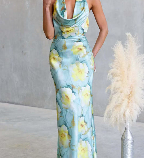 Halter Cowl Neck Open Back Floral Print Satin Maxi Dress