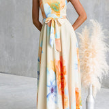 Strapless Bow Waist Floral Print Swing Maxi Dress