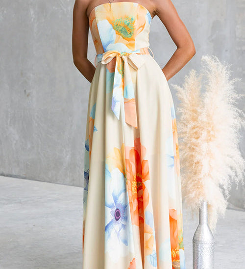 Strapless Bow Waist Floral Print Swing Maxi Dress
