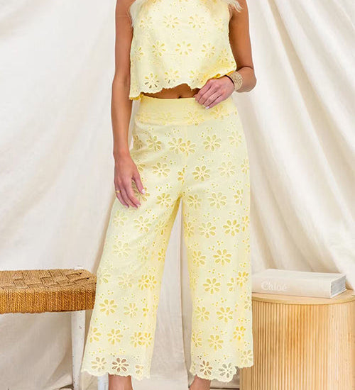 Elastic Waist Floral Lace Hollow Out Wide Leg Pants