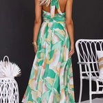 Halter Neck Open Back Waisted Printed Maxi Dress