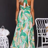 Halter Neck Open Back Waisted Printed Maxi Dress