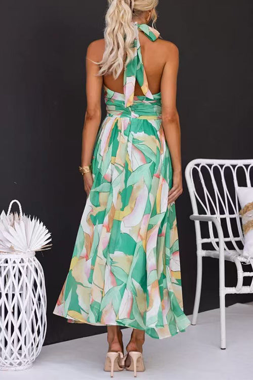 Halter Neck Open Back Waisted Printed Maxi Dress