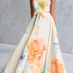 Strapless Bow Waist Floral Print Swing Maxi Dress