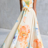 Strapless Bow Waist Floral Print Swing Maxi Dress