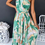Halter Neck Open Back Waisted Printed Maxi Dress
