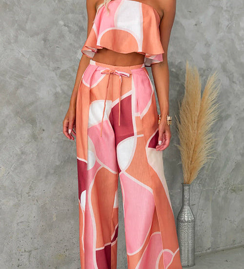 Strapless Ruffle Crop Top Drawstring Waist Wide Leg Pants Printed Set