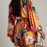Wrap V Neck Long Sleeves Tie Waist Floral Print Romper