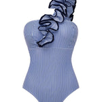 Fato de banho de uma só peça com estampado às riscas, um ombro só e detalhes florais 3D.