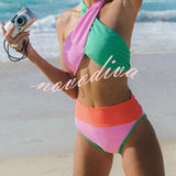 Summer Brights Ribbed Color Block Cross Halter Neck High Rise Bikini Swimsuit