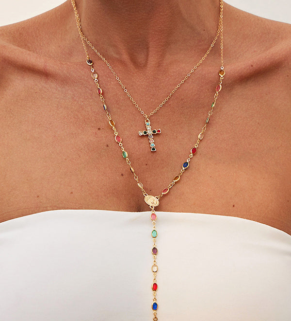 Fashionable Diamond Cross Chain Elegant Multi-layered Necklace